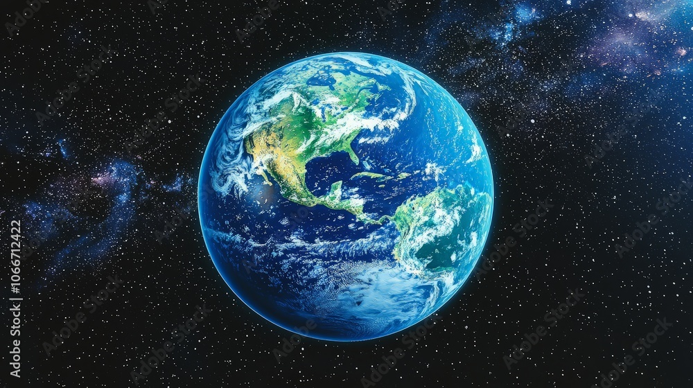 Naklejka premium A detailed view of planet Earth, showcasing continents, oceans, and clouds, set against a backdrop of a vast starry sky.