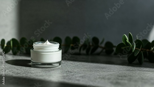 Mockup Open jar of cream with lid off, on a surface with green leaves, soft lighting.