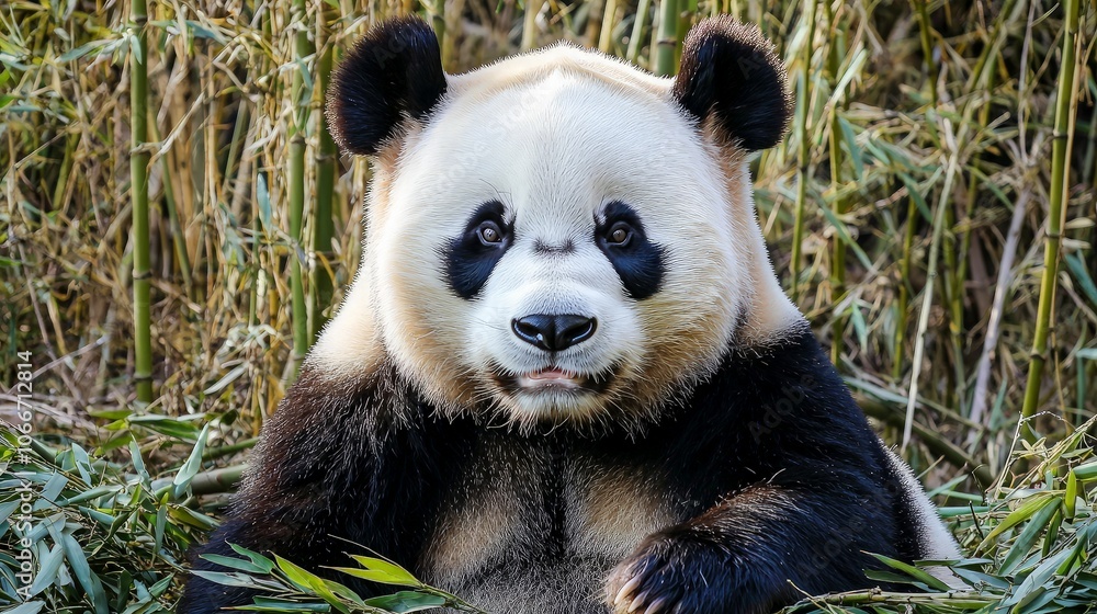 Fototapeta premium A giant panda sits among bamboo stalks, looking directly at the camera with a friendly expression.