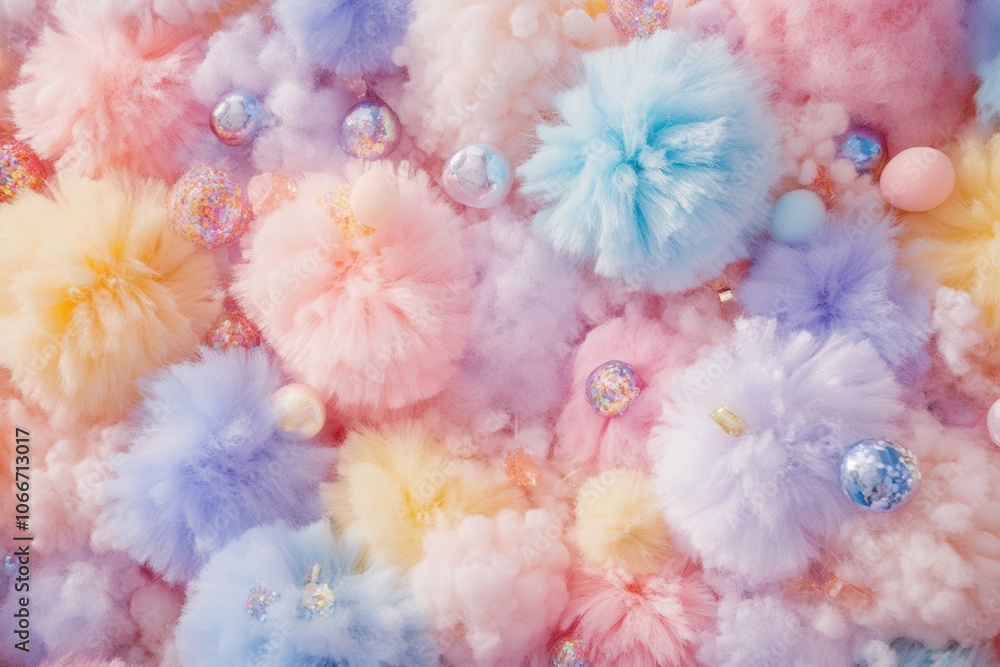 Vibrant and textured background is formed by a collection of fluffy pastel pom-poms in various colors, creating a soft and playful aesthetic Vibrant and textured background is formed by a collection of fluffy pastel pom-poms in various colors, creating a soft and playful aesthetic