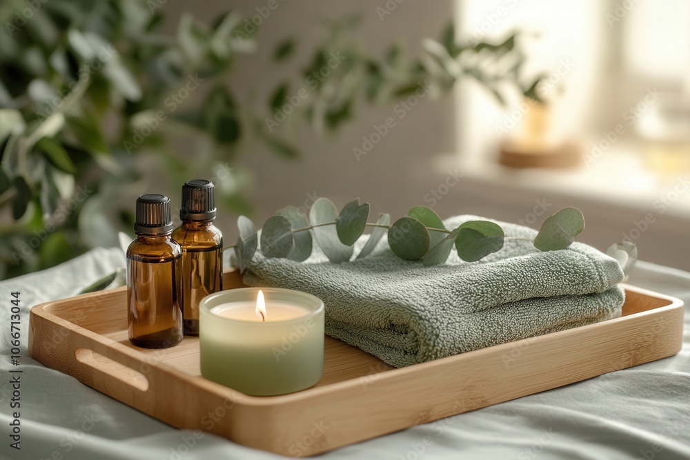 Cozy home spa setting featuring towel, essential oils, candle, and eucalyptus on wooden tray Cozy home spa setting featuring towel, essential oils, candle, and eucalyptus on wooden tray