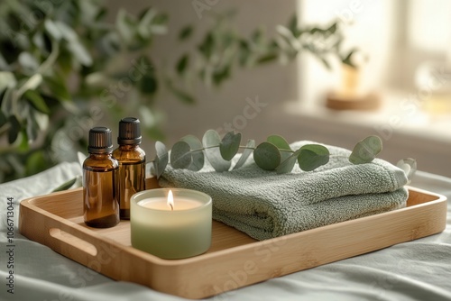 Cozy home spa setting featuring towel, essential oils, candle, and eucalyptus on wooden tray