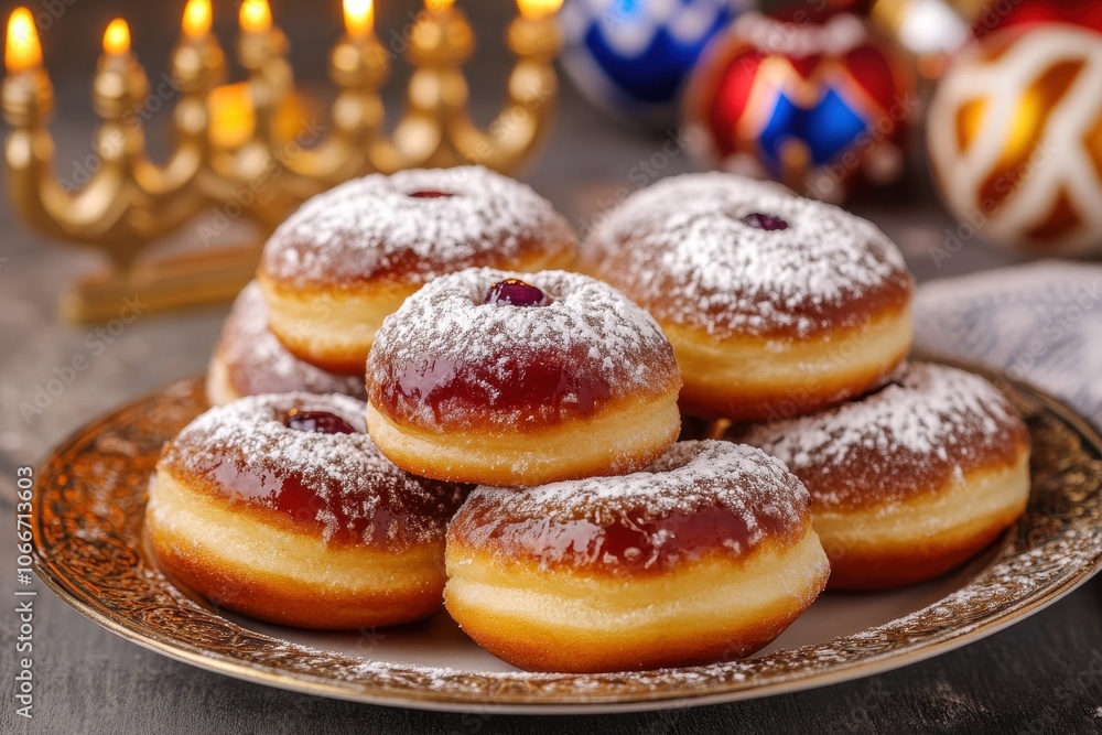 Sufganiyot (Jelly Doughnuts): A close-up of a plate of sufganiyot, traditional jelly-filled doughnuts, dusted with powdered sugar. The background shows a menorah and dreidels, emphasizing the festive Sufganiyot (Jelly Doughnuts): A close-up of a plate of sufganiyot, traditional jelly-filled doughnuts, dusted with powdered sugar. The background shows a menorah and dreidels, emphasizing the festive