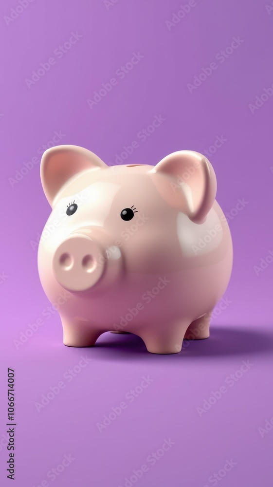 A pink piggy bank sits on a purple surface A pink piggy bank sits on a purple surface