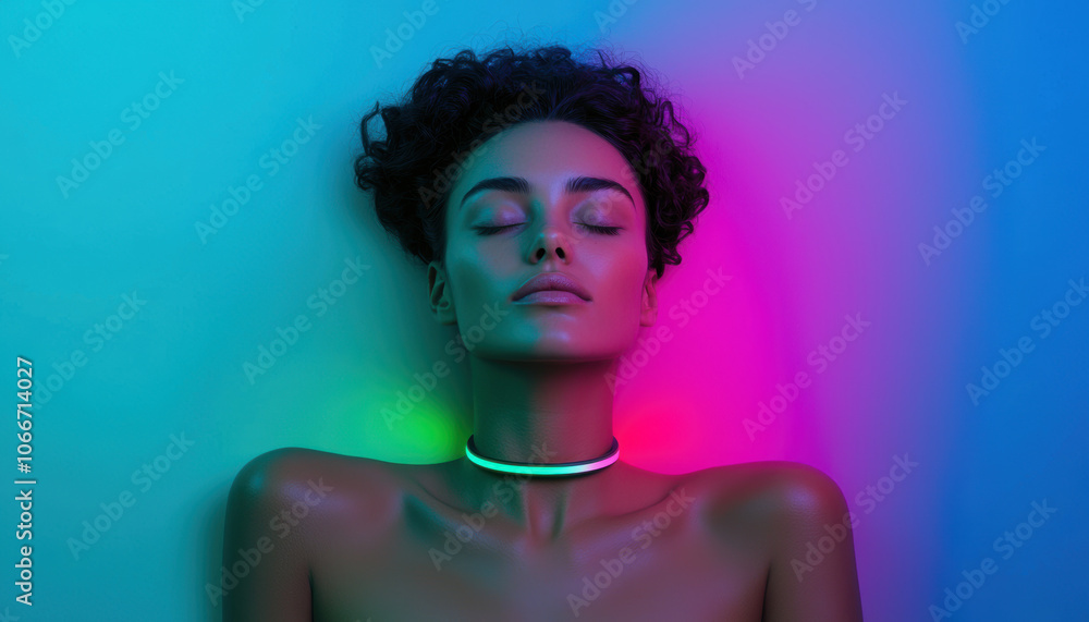 A serene portrait featuring a woman with curly hair, surrounded by soft, colorful lighting that creates an ethereal atmosphere. A serene portrait featuring a woman with curly hair, surrounded by soft, colorful lighting that creates an ethereal atmosphere.