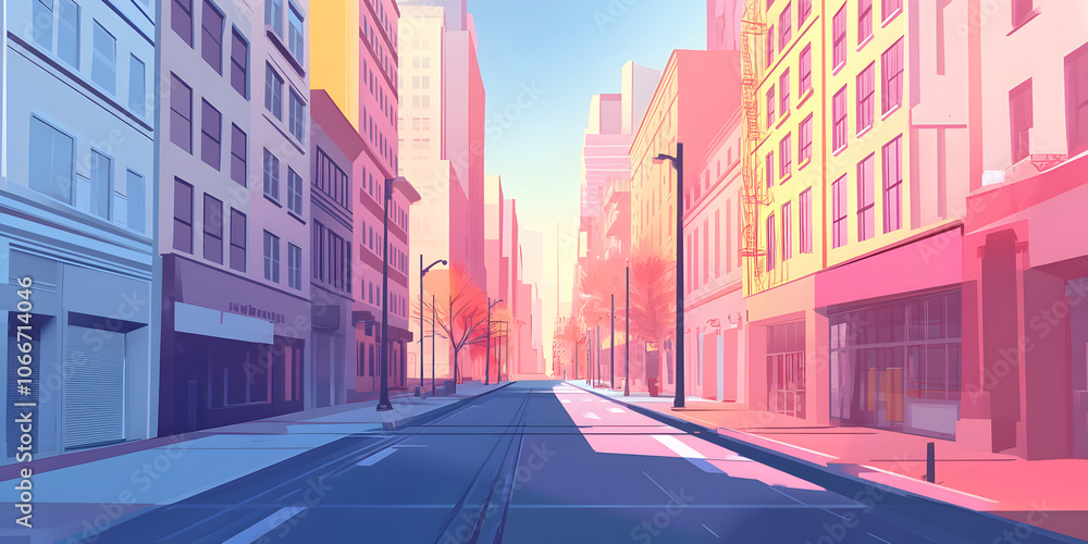 Fototapeta premium Urban Dreamscape: A vibrant and colorful illustration of a city street, bathed in soft, warm light. The perspective leads the eye down the empty street.