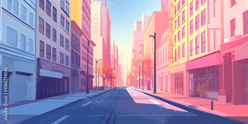 Urban Dreamscape: A vibrant and colorful illustration of a city street, bathed in soft, warm light. The perspective leads the eye down the empty street.