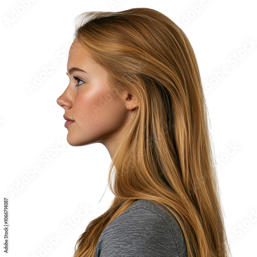 Side view portrait of young woman with long blonde hair on transparent background, isolated profile shot highlighting natural beauty and youthful elegance photo