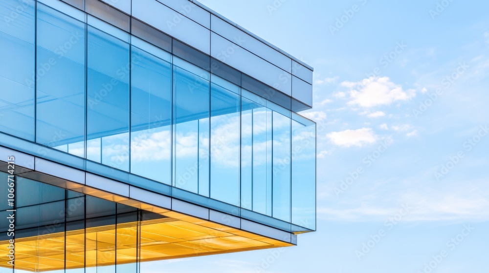 The sleek design of a glass building reflects the blue sky, creating an impression of openness and modern architecture in bright daylight The sleek design of a glass building reflects the blue sky, creating an impression of openness and modern architecture in bright daylight