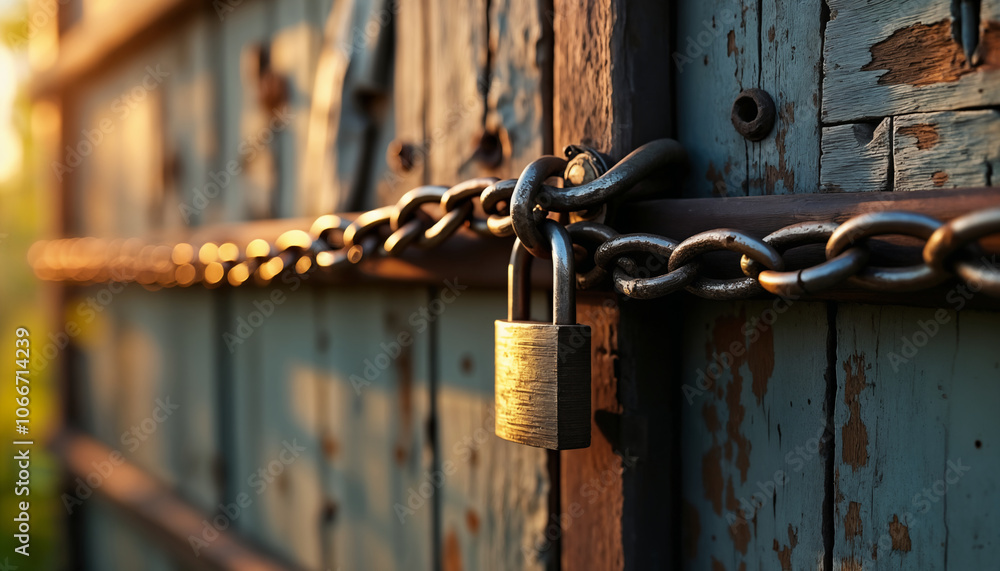 Rustic Padlock on a Weathered Wooden Gate Rustic Padlock on a Weathered Wooden Gate