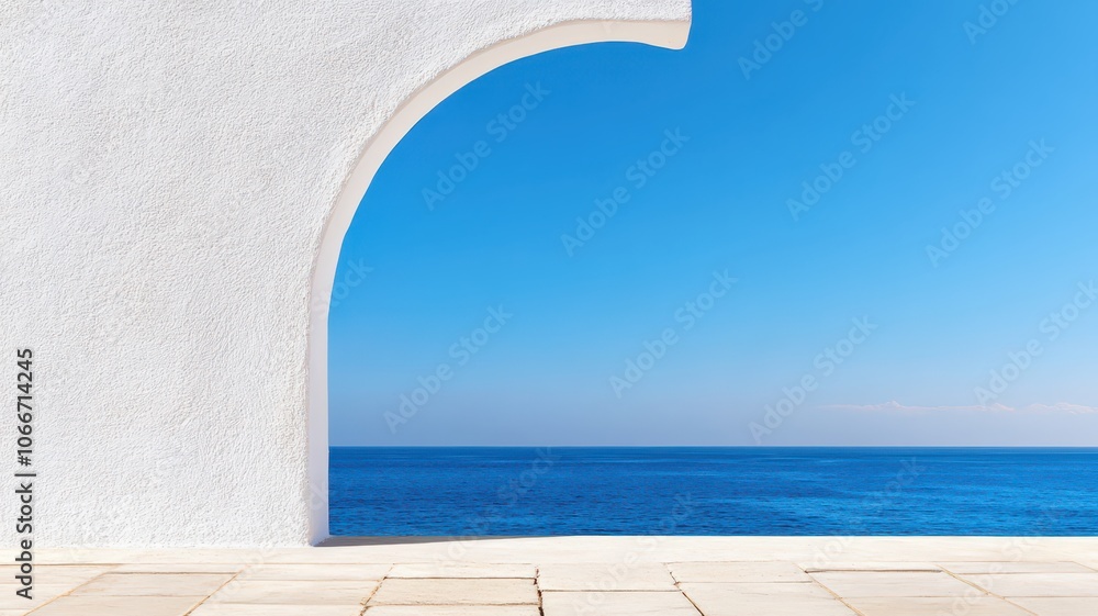 Obraz premium Elegant white stone archway framing a stunning ocean view, inviting tranquility and natural beauty.