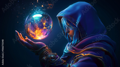 Elementalist wielding power through a glowing crystal orb, surrounded by elemental forces photo