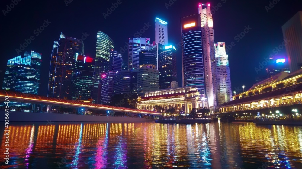 Vibrant City Skyline at Night with Reflections Vibrant City Skyline at Night with Reflections