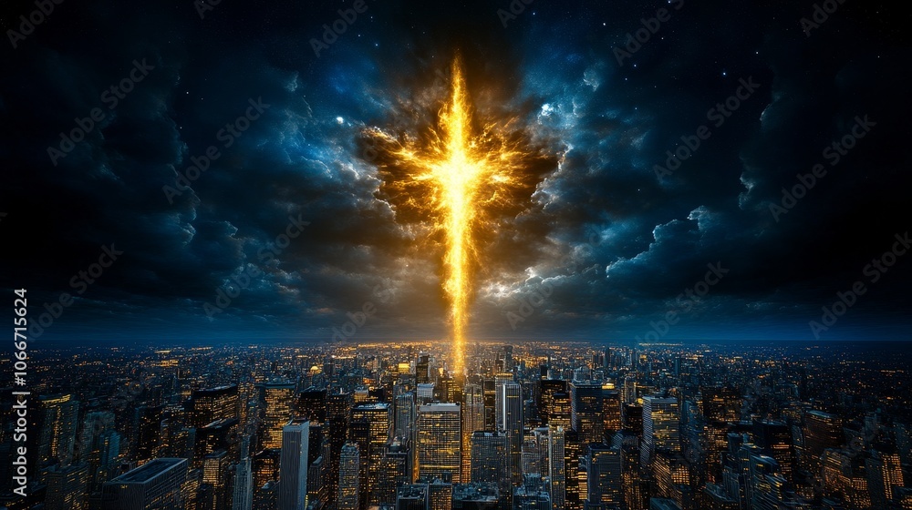 Obraz premium Divine Light Beam Over Cityscape Night Sky Dramatic Clouds Golden Ray