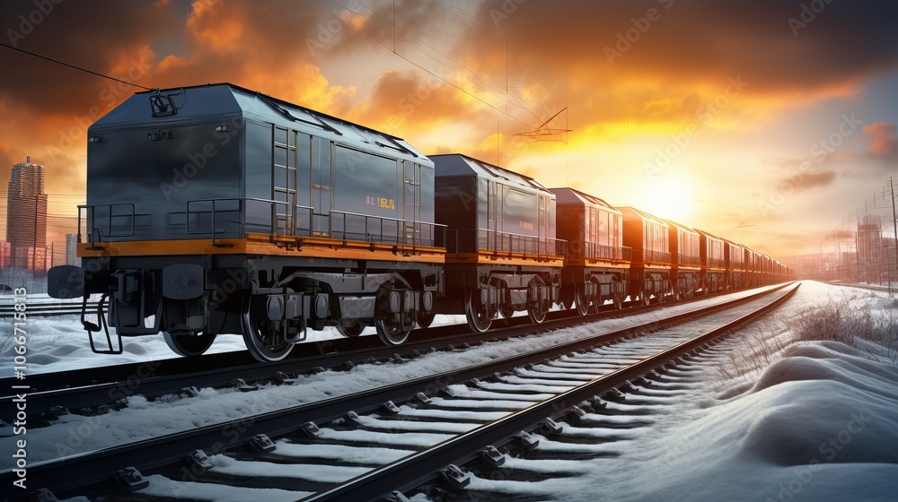 Heavy freight train traveling on snowy tracks at sunset, showcasing industrial power and serenity Heavy freight train traveling on snowy tracks at sunset, showcasing industrial power and serenity
