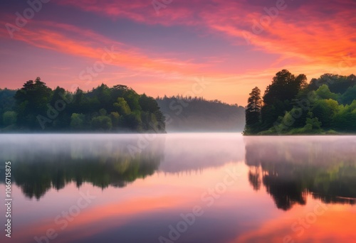 beautiful radiant sunrise over misty lake reflecting splendor calm waters scenic landscapes, sunset, reflection, scenery, nature, beauty, fog, sky