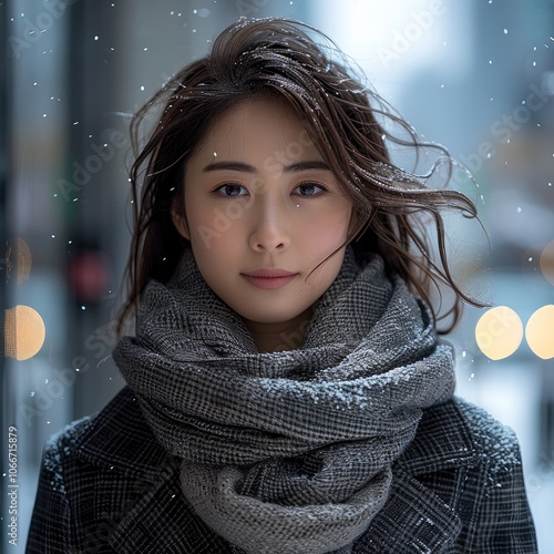 A Japanese businesswoman braving the cold in a winter cityscape. She is dressed in a formal coat, scarf, and gloves. photo