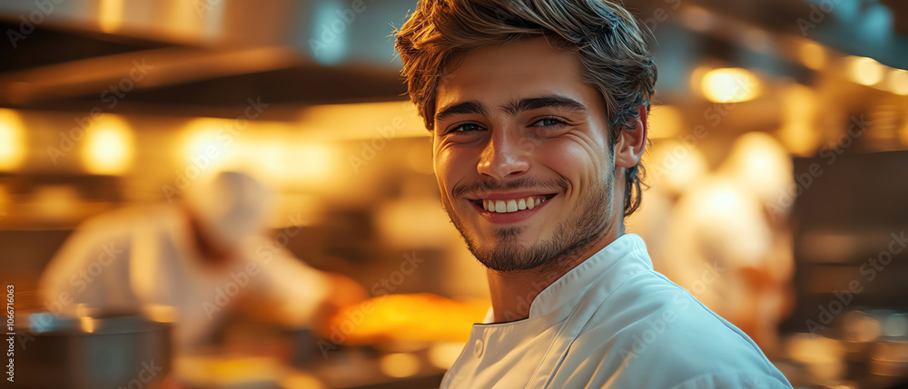 Chef smiling in a cozy kitchen, ambient lighting, blurred background for depth Chef smiling in a cozy kitchen, ambient lighting, blurred background for depth