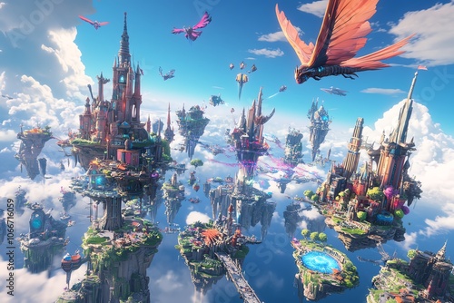 High-angle view of a vibrant city with floating islands, magical creatures soaring through the skies photo