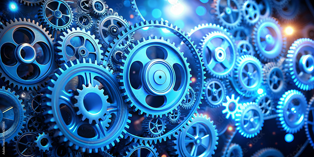 A vibrant arrangement of blue gears interlocks in a dynamic, mechanical display, showcasing the intricacies of machinery and engineering. A vibrant arrangement of blue gears interlocks in a dynamic, mechanical display, showcasing the intricacies of machinery and engineering.