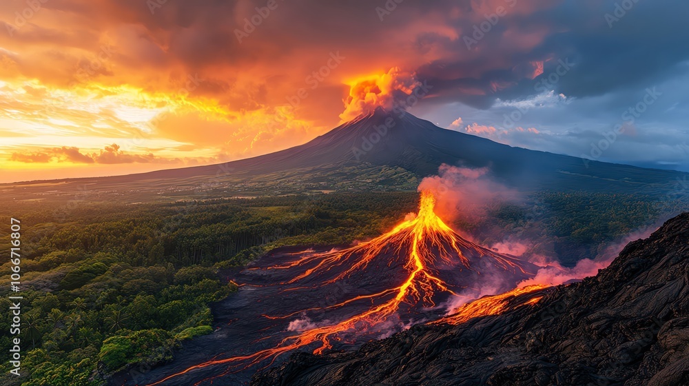 Erupting volcano with lava flow, dramatic skies, lush green forest Erupting volcano with lava flow, dramatic skies, lush green forest