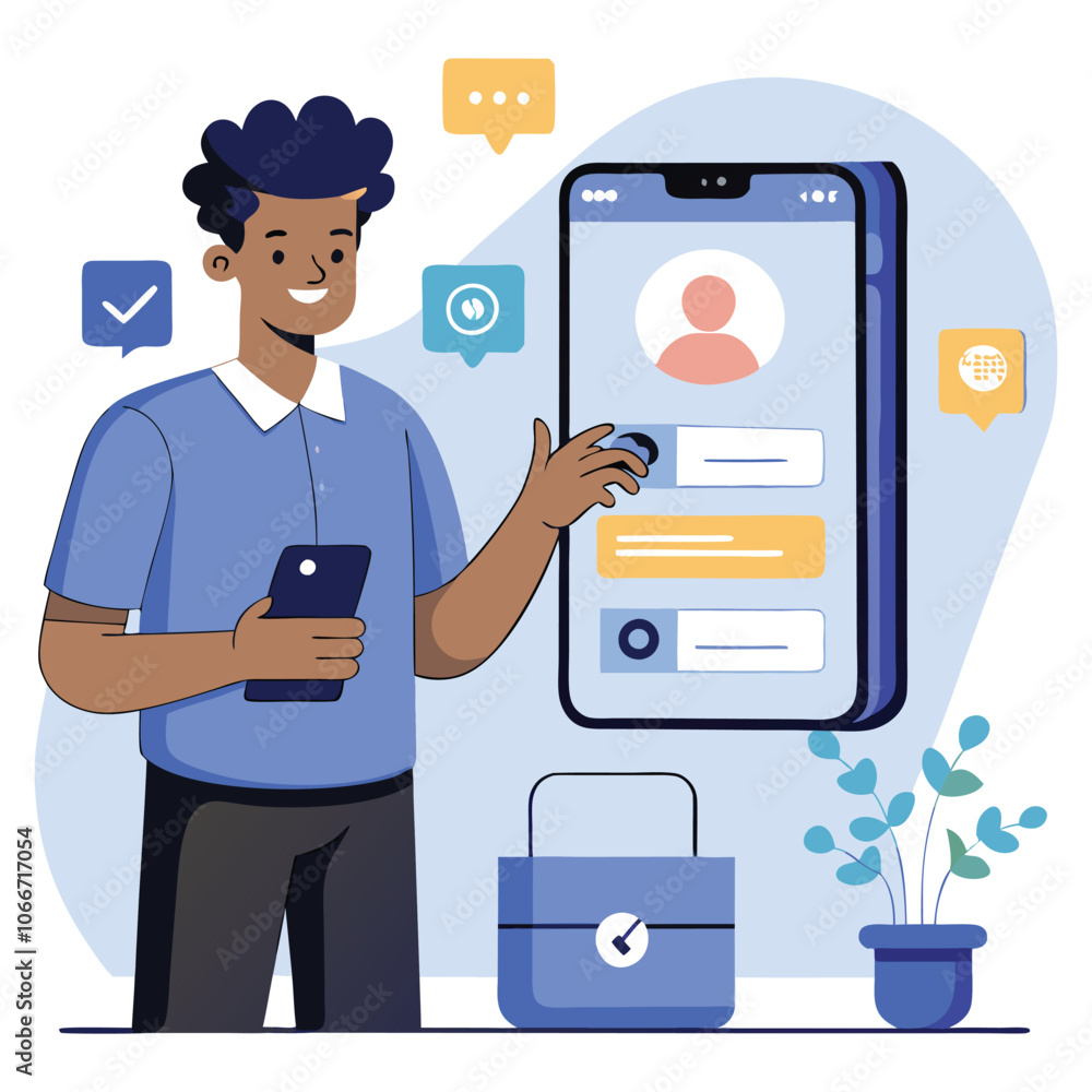 vector A man is holding a phone next to a large pad of lock lock vector A man is holding a phone next to a large pad of lock lock