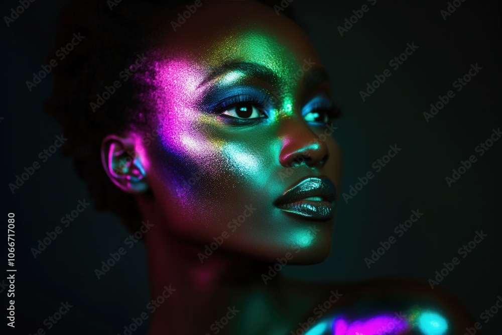 Close-up of a model with vibrant, shimmering holographic makeup, creating a futuristic and glamorous look Close-up of a model with vibrant, shimmering holographic makeup, creating a futuristic and glamorous look