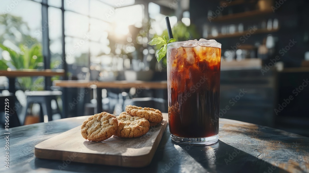 A refreshing iced coffee with a sprig of mint and three cookies on a wooden board. A refreshing iced coffee with a sprig of mint and three cookies on a wooden board.