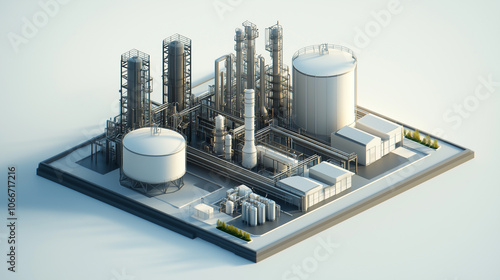 Oil refinery complex with storage tanks and processing units