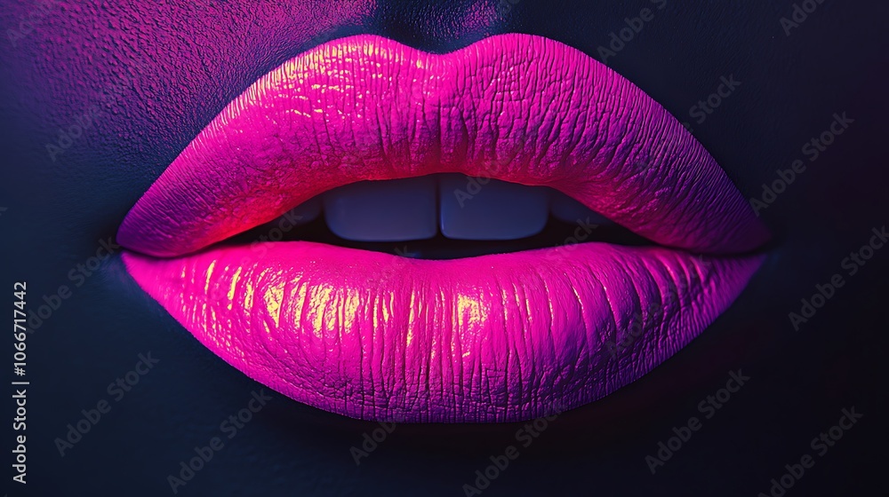 Close-up of lips in vibrant neon pink, matte finish with velvety texture, illuminated by soft, balanced lighting to capture the bold, striking color and fine detail, high-resolution, Close-up of lips in vibrant neon pink, matte finish with velvety texture, illuminated by soft, balanced lighting to capture the bold, striking color and fine detail, high-resolution,