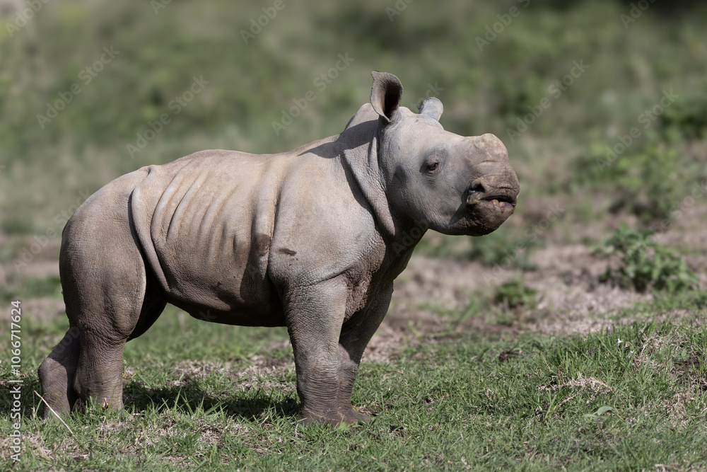 Fototapeta premium Rhino calf explores the world