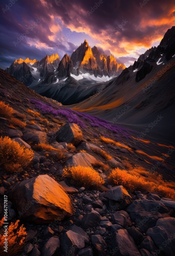 Obraz premium majestic mountain peaks towering dramatic cloudscape featuring intensely textured skies staggering geological formations, ascent, altitude, backdrop