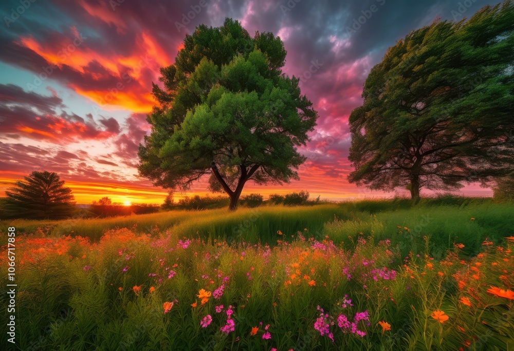 Fototapeta premium captivating dynamic nature highlighting wind movement through lush landscapes vibrant skies, wildlife, trees, flowers, grass, sky, clouds, mountains