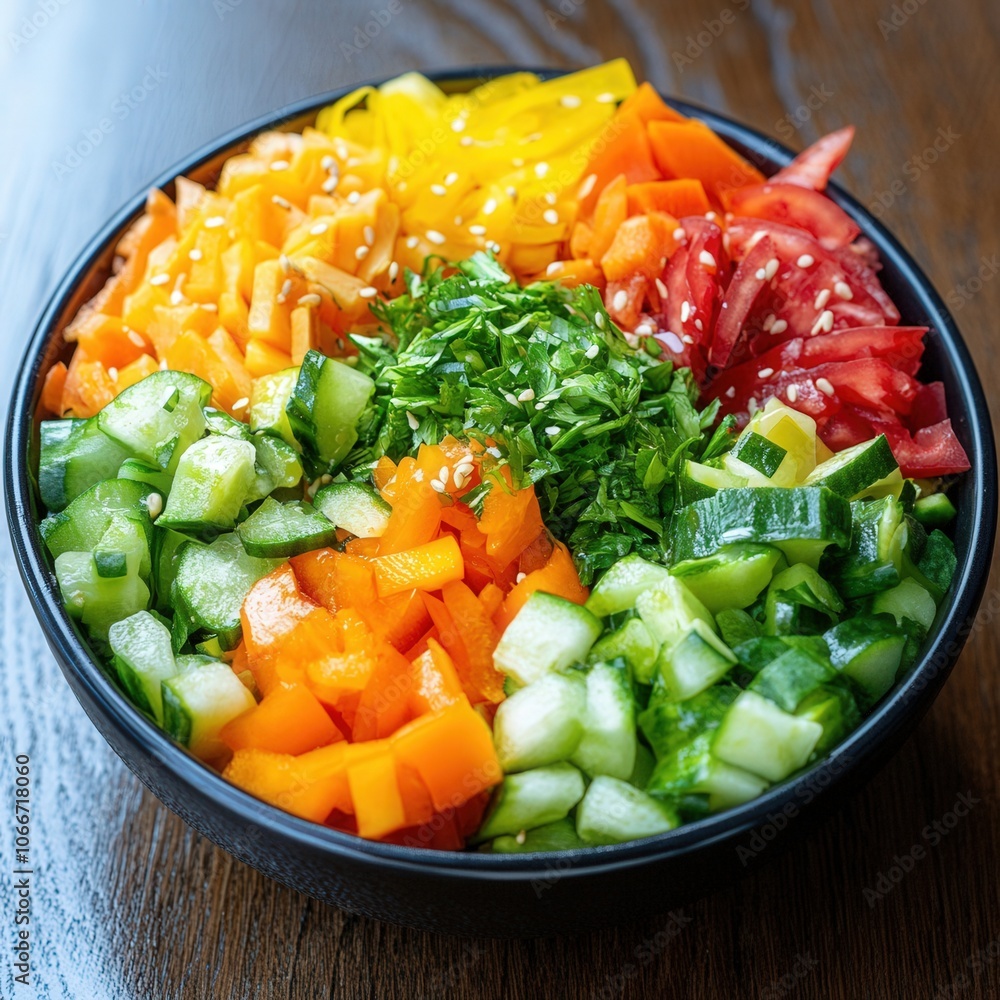 Black bowl full of chopped fresh vegetables like cucumber, tomatoes, bell peppers and carrots, seasoned with sesame seeds and parsley Black bowl full of chopped fresh vegetables like cucumber, tomatoes, bell peppers and carrots, seasoned with sesame seeds and parsley