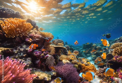 Wallpaper Mural stunning underwater coral reef landscape showcasing vibrant colors diverse marine life, ocean, fish, ecosystems, shells, anemone, fauna, beauty, exotic Torontodigital.ca