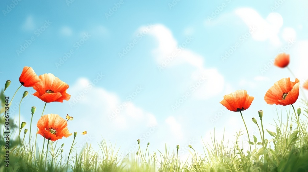 Naklejka premium Poppy field showcases endless blooms under a clear blue sky in high fidelity