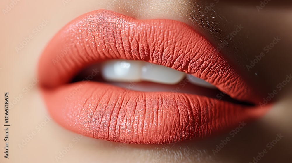 Close-up of vibrant coral lips in a matte, velvety texture, highlighted under soft, natural light to bring out the bright, lively color and detailed surface, high-definition, artistic and fresh, Close-up of vibrant coral lips in a matte, velvety texture, highlighted under soft, natural light to bring out the bright, lively color and detailed surface, high-definition, artistic and fresh,