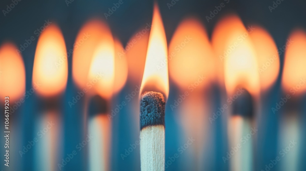 A series of lit matches flicker with flames, creating a warm glow against a calming dark blue background, inviting a sense of tranquility A series of lit matches flicker with flames, creating a warm glow against a calming dark blue background, inviting a sense of tranquility