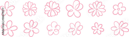 Cute pink flower line art shapes, ink doodle illustration set, flat clip art decorative spring collection, isolated