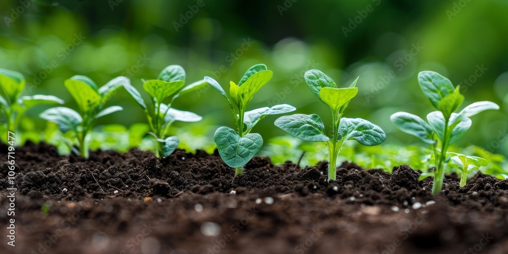 Young green seedlings sprout from rich soil in a vibrant agronomy field during early spring growth, showcasing the early stages of plant development and cultivation practices Young green seedlings sprout from rich soil in a vibrant agronomy field during early spring growth, showcasing the early stages of plant development and cultivation practices