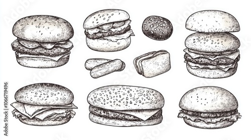 Wallpaper Mural Vector Line Art of Various Burger Types in Top and Side View, Black Ink Drawing on White Background Torontodigital.ca