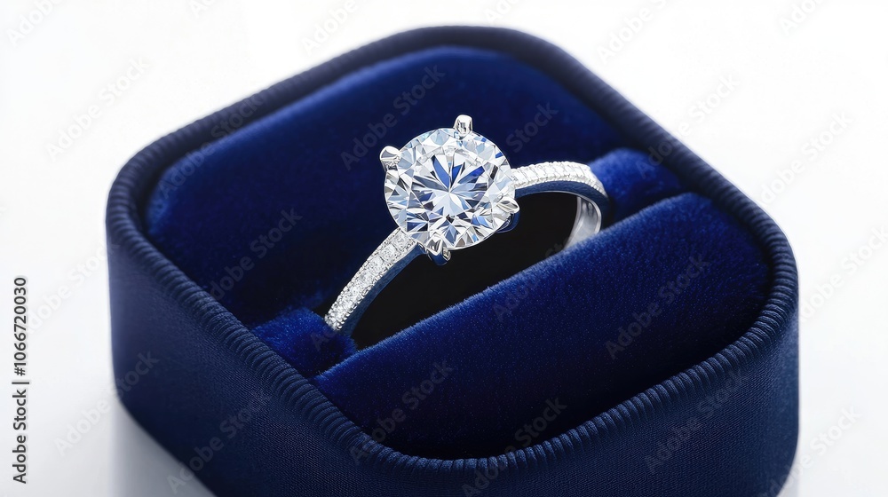A solitaire diamond ring in a deep blue velvet box, isolated on a white background, highlighting its brilliance and grace A solitaire diamond ring in a deep blue velvet box, isolated on a white background, highlighting its brilliance and grace