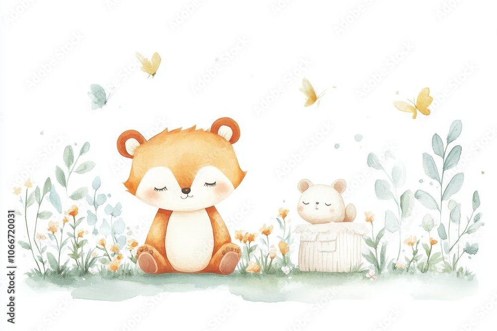 Fototapeta premium Peaceful Forest Animals in Soft Watercolor Dreamscape. Watercolor Nursery Art.