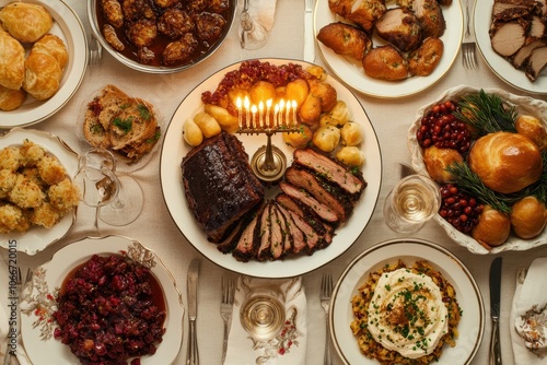 Traditional Hanukkah Feast: A top-down view of a table set for a Hanukkah meal, featuring classic dishes like latkes, sufganiyot (jelly doughnuts), brisket, and challah bread, all beautifully arranged photo