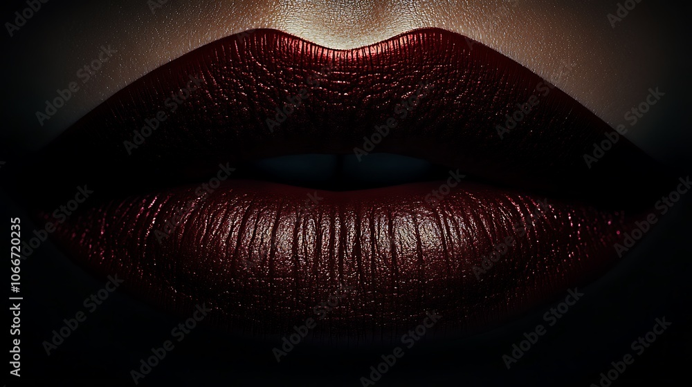 Extreme close-up of lips adorned in deep burgundy matte lipstick, velvety texture illuminated by subtle, warm lighting to highlight the bold color and smooth contours, high-definition, Extreme close-up of lips adorned in deep burgundy matte lipstick, velvety texture illuminated by subtle, warm lighting to highlight the bold color and smooth contours, high-definition,