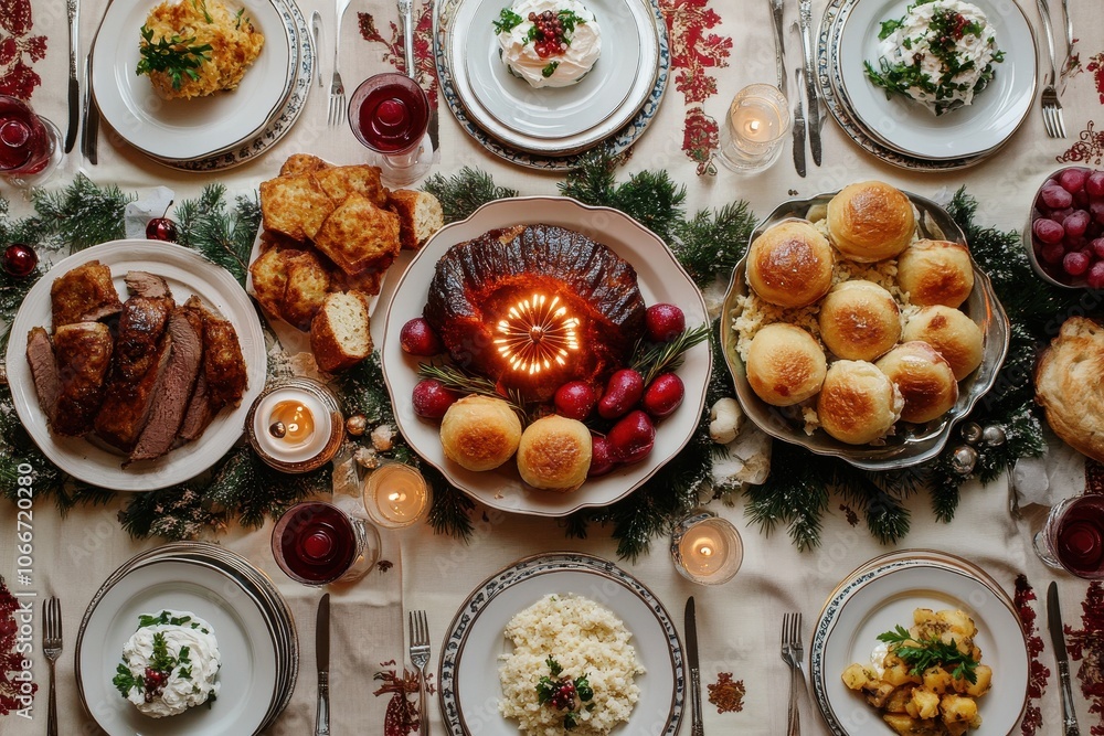 Traditional Hanukkah Feast: A top-down view of a table set for a Hanukkah meal, featuring classic dishes like latkes, sufganiyot (jelly doughnuts), brisket, and challah bread, all beautifully arranged Traditional Hanukkah Feast: A top-down view of a table set for a Hanukkah meal, featuring classic dishes like latkes, sufganiyot (jelly doughnuts), brisket, and challah bread, all beautifully arranged