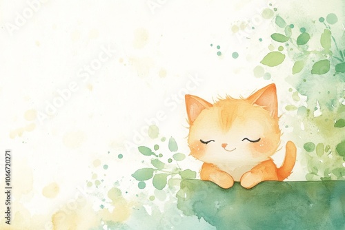 Watercolor Illustration of a Cute Cat with Green Leaves. Watercolor Nursery Art.