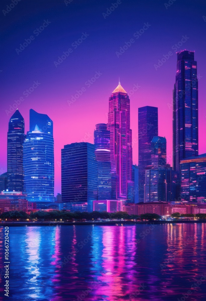 Fototapeta premium vibrant city skyline twilight reflections creating stunning visual display lights colors across urban landscape, architecture, cityscape, horizon, dusk
