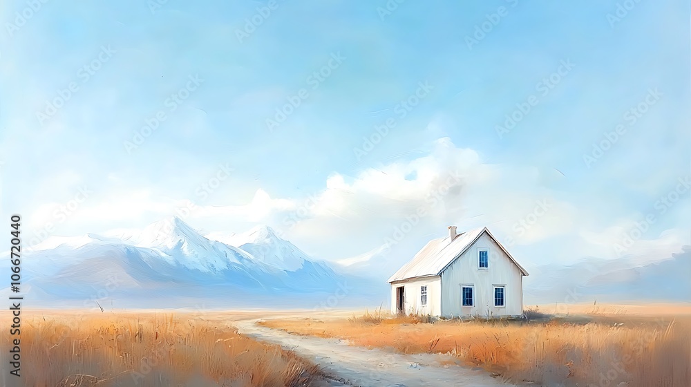 Explore the serenity of a picturesque house nestled in tranquil landscape with majestic mountains Explore the serenity of a picturesque house nestled in tranquil landscape with majestic mountains
