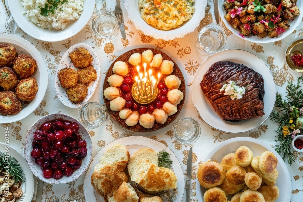 Traditional Hanukkah Feast: A top-down view of a table set for a Hanukkah meal, featuring classic dishes like latkes, sufganiyot (jelly doughnuts), brisket, and challah bread, all beautifully arranged Traditional Hanukkah Feast: A top-down view of a table set for a Hanukkah meal, featuring classic dishes like latkes, sufganiyot (jelly doughnuts), brisket, and challah bread, all beautifully arranged